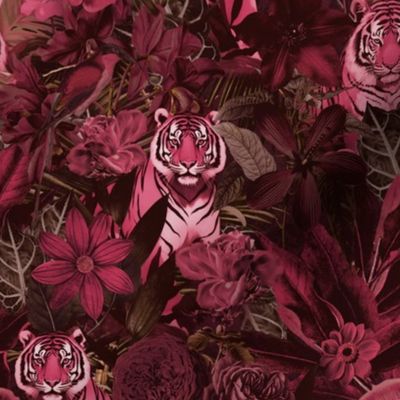 Fancy Jungle Opulence With Tigers Burgundy And Pink Smaller Scale