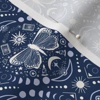 Everything is connected // boho celestial gothic wallpaper - sun, moon/lunar phases, butterfly, star elements - dark purple and light blue | witch craft