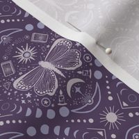Everything is connected // boho celestial gothic wallpaper - sun, moon/lunar phases, butterfly, star elements - wine and light purple | witch craft