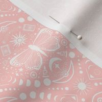 Everything is connected //boho  celestial gothic wallpaper - sun, moon/lunar phases, butterfly, star elements - pastel orange and white motifs 