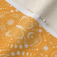 Everything is connected // boho celestial gothic wallpaper - sun, moon/lunar phases, butterfly, star elements - bright golden yellow and white motifs 