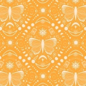 Everything is connected // boho celestial gothic wallpaper - sun, moon/lunar phases, butterfly, star elements - bright golden yellow and white motifs 