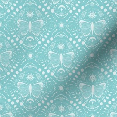 Everything is connected // boho celestial gothic wallpaper - sun, moon/lunar phases, butterfly, star elements - teal blue and white motifs 