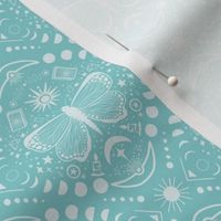 Everything is connected // boho celestial gothic wallpaper - sun, moon/lunar phases, butterfly, star elements - teal blue and white motifs 