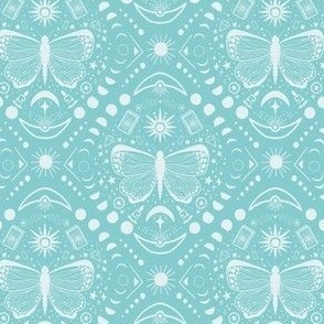 Everything is connected // boho celestial gothic wallpaper - sun, moon/lunar phases, butterfly, star elements - teal blue and white motifs 