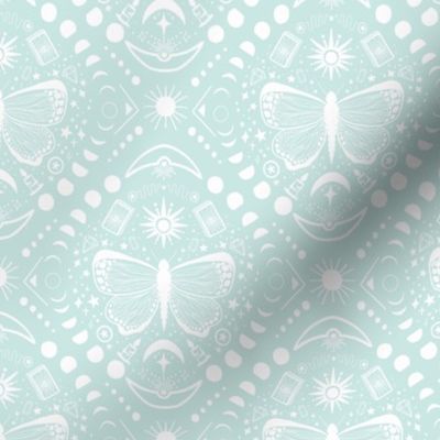 Everything is connected // boho celestial gothic wallpaper - sun, moon/lunar phases, butterfly, star elements - pastel teal blue and white motifs 