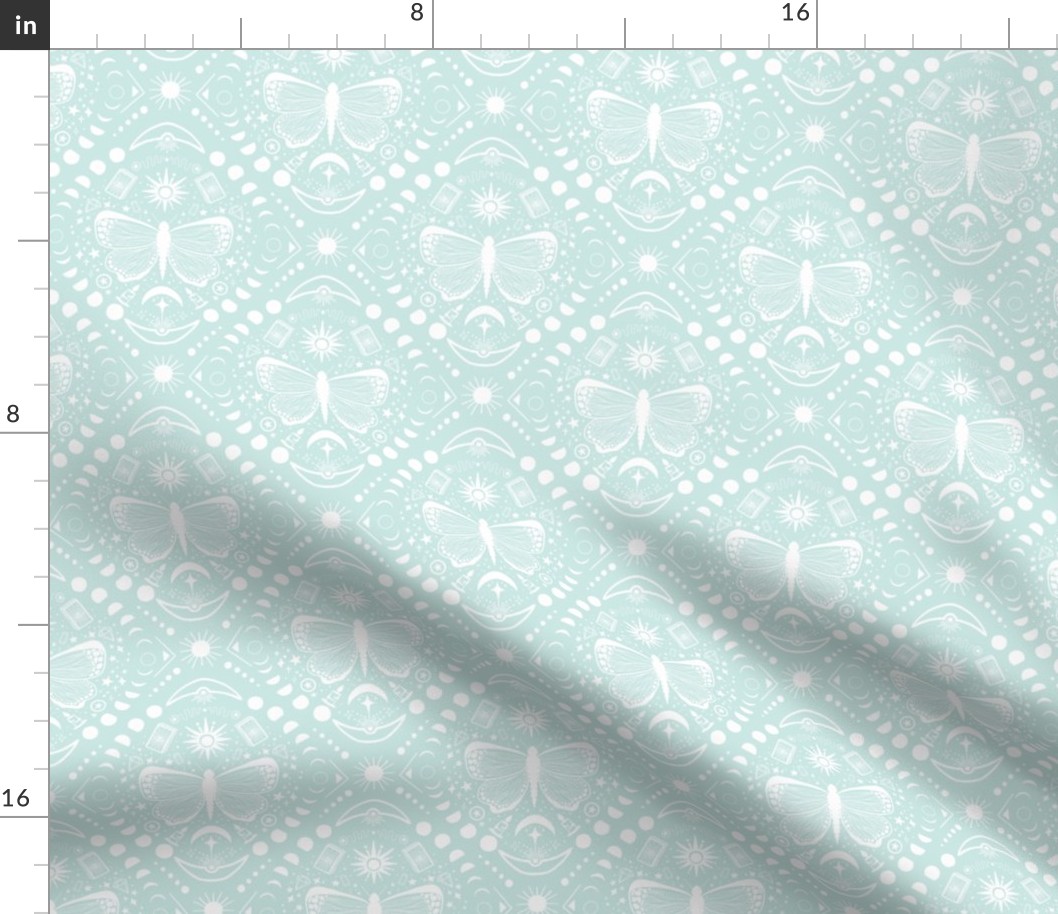 Everything is connected // boho celestial gothic wallpaper - sun, moon/lunar phases, butterfly, star elements - pastel teal blue and white motifs 