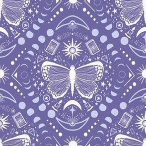 Everything is connected // boho celestial gothic wallpaper - sun, moon/lunar phases, butterfly, star elements - dark pruple and white motifs 