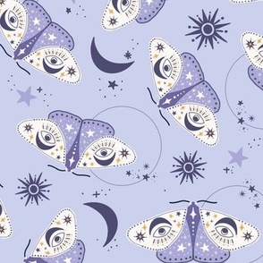 whimsical moth with celestial elements - sun, moon, evil eyes motifs  in pastel lavendar - gothic|witch craft 
