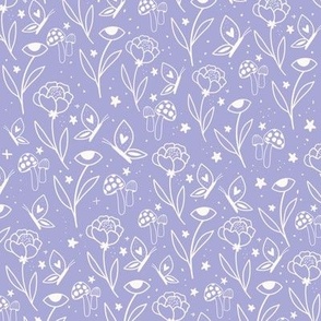line drawing - boho floral | witch craft hand drawn doodles - purple and white motifs 