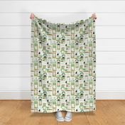 Large Geometric Brown and Green Windows sills with flowers, plants, candles, and a cat Fabric and wallpaper