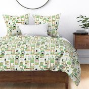 Large Geometric Brown and Green Windows sills with flowers, plants, candles, and a cat Fabric and wallpaper