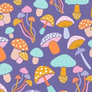 medium// mushroom garden pattern with pastel colours and purple with textured background lines - medium 