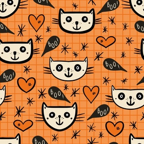 Happy-Halloween-cats-with-boo-speech-bubbles-and-hearts-on-vintage-orange-XL-jumbo