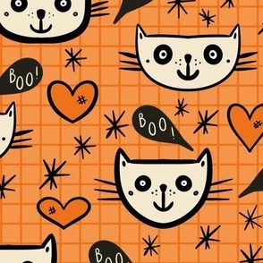 Happy-Halloween-cats-with-boo-speech-bubbles-and-hearts-on-vintage-orange-M-medium