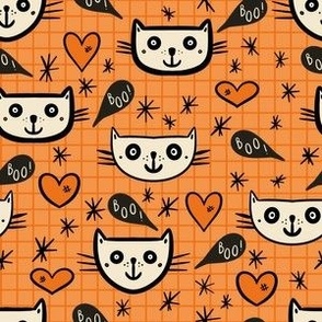 Happy-Halloween-cats-with-boo-speech-bubbles-and-hearts-on-vintage-orange-S-small