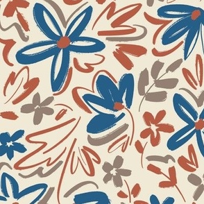 Sketchy Florals Blue and Brown - Medium Version