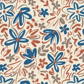 Sketchy Florals Blue and Brown - Small Version