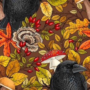 Autumn raven on brown