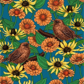 Wrens and flowers on blue