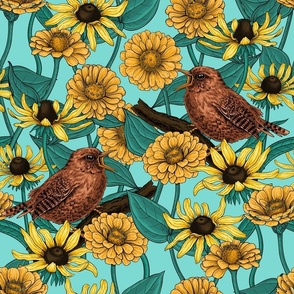 Wrens and flowers on light blue