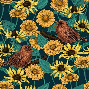 Wrens and flowers on dark blue