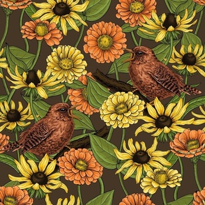 Wrens and flowers on brown