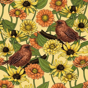 Wrens and flowers on pale yellow