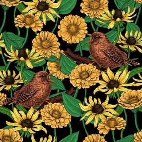 Wrens and yellow flowers 