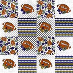 Smaller Patchwork 3" Squares Team Spirit Football Flowers Polkadots and Stripes in Baltimore Ravens Colors Purple Metallic Gold Black White for Cheater Quilt or Blanket