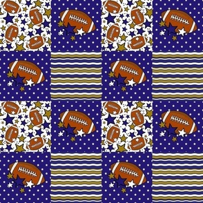 Smaller Patchwork 3" Squares Team Spirit Football Patchwork in Baltimore Ravens Colors Purple Metallic Gold Black White for Cheater Quilt or Blanket