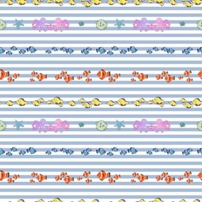 Blue and white striped print with colourful fish, octopuses and starfish. Small 4 inches