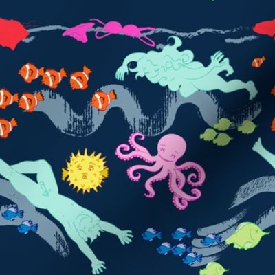 Colourful and fun sea print with swimmers without swimming costumes, fish and octopus. 8 inches