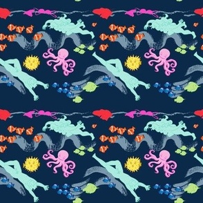 Colourful and fun sea print with swimmers without swimming costumes, fish and octopus. 4 inches