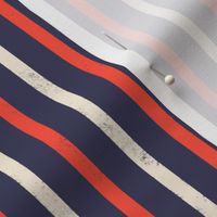 Small scale / Red and beige vertical stripes on navy / grunge distressed textured blender lines on dark blue background / Valentine scarlet crimson cream ivory usa patriotic decor