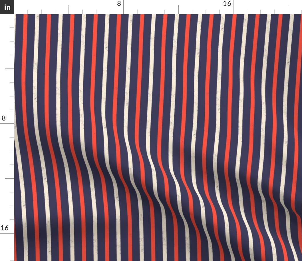 Small scale / Red and beige vertical stripes on navy / grunge distressed textured blender lines on dark blue background / Valentine scarlet crimson cream ivory usa patriotic decor