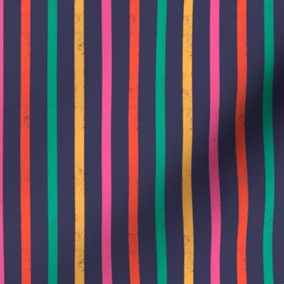 Small scale / Multicolored retro rainbow vertical stripes on navy / grunge distressed textured blender lines on dark blue background/ bright scarlet pink yellow cabana Christmas red and green