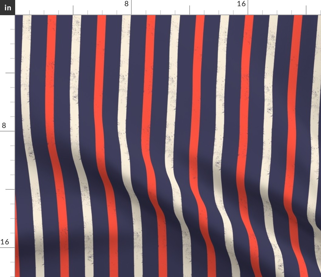 Medium scale / Red and beige vertical stripes on navy / grunge distressed textured blender lines on dark blue background / valentine scarlet crimson cream ivory usa patriotic decor