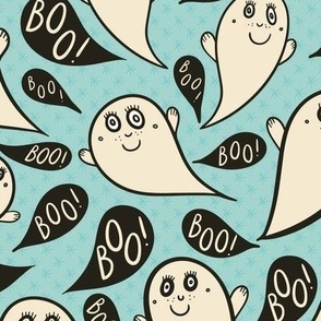 Happy-ghosts-with-black-boo-speech-bubbles-and-blue-stars-M-medium