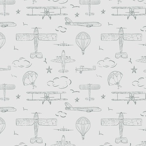 Nursery boy sky with airplanes, balloons, parachute clouds and stars in grey