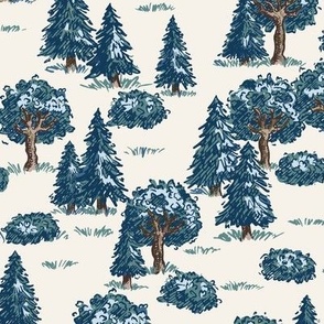 Vintage Illustrated Forest Trees - large scale - cream and blue
