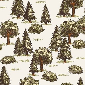 Vintage Illustrated Forest Trees - large scale - cream and green retro