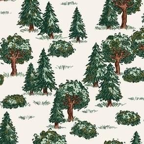 Vintage Illustrated Forest Trees -medium scale - cream and green