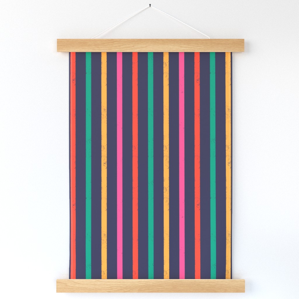Medium scale / Multicolored retro rainbow vertical stripes on navy / grunge distressed textured blender lines on dark blue background/ bright scarlet pink yellow cabana Christmas red and green