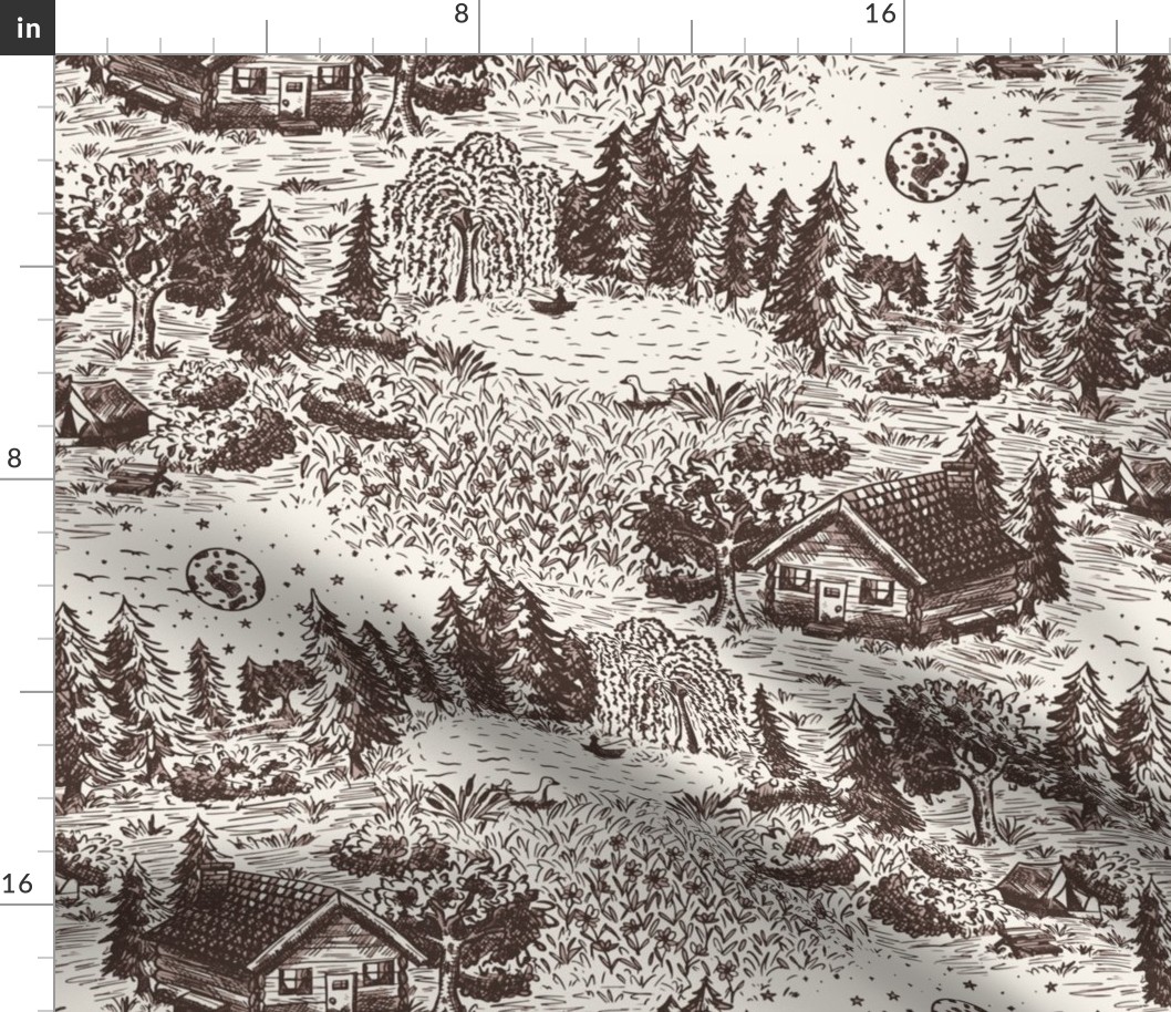 Lakeside Vacation Cabin Toile De Jouy - Large Scale - Brown