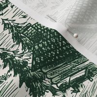 Lakeside Vacation Cabin Toile De Jouy - Large Scale - Green