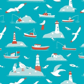 vintage ocean blue coastal scene with seagulls, fishing boats, and lighthouses in medium