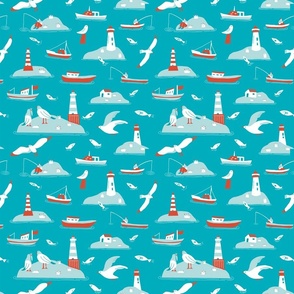 vintage ocean blue coastal scene with seagulls, fishing boats, and lighthouses small