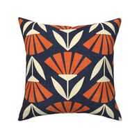 Retro Geometric Flowers in Orange and Navy Denim Blue Autumn Floral