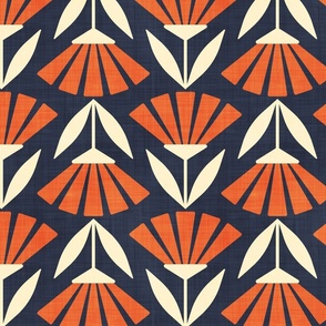 Retro Geometric Flowers in Orange and Navy Denim Blue Autumn Floral